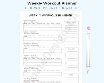 Weekly Workout Planner, Printable Fillable PDF Template