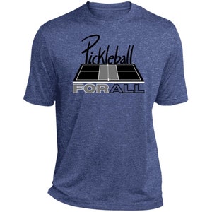 Puede incluir: Una camiseta azul jaspeada con un gráfico en blanco y negro de una cancha de pickleball y el texto "Pickleball FOR ALL".