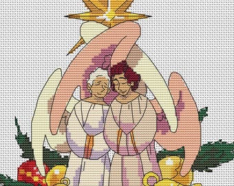 Good Omens Cross Stitch Pattern - Aziraphale & Crowley as Christmas Tree Angels - DMC Chart PDF Instant Download