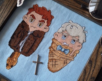 Crowley and Aziraphale Cross Stitch Pattern – Good Omens Fan Art, Geeky Embroidery for Book and TV Show Lovers, DMC PDF Chart