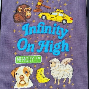 May include: A framed cross-stitch embroidery on purple fabric featuring the text Infinity On High in blue, a brown monkey, a wooden gavel, a yellow taxi, a green Memory Ln sign, a dog face, a yellow crescent moon, and a white winged sheep.