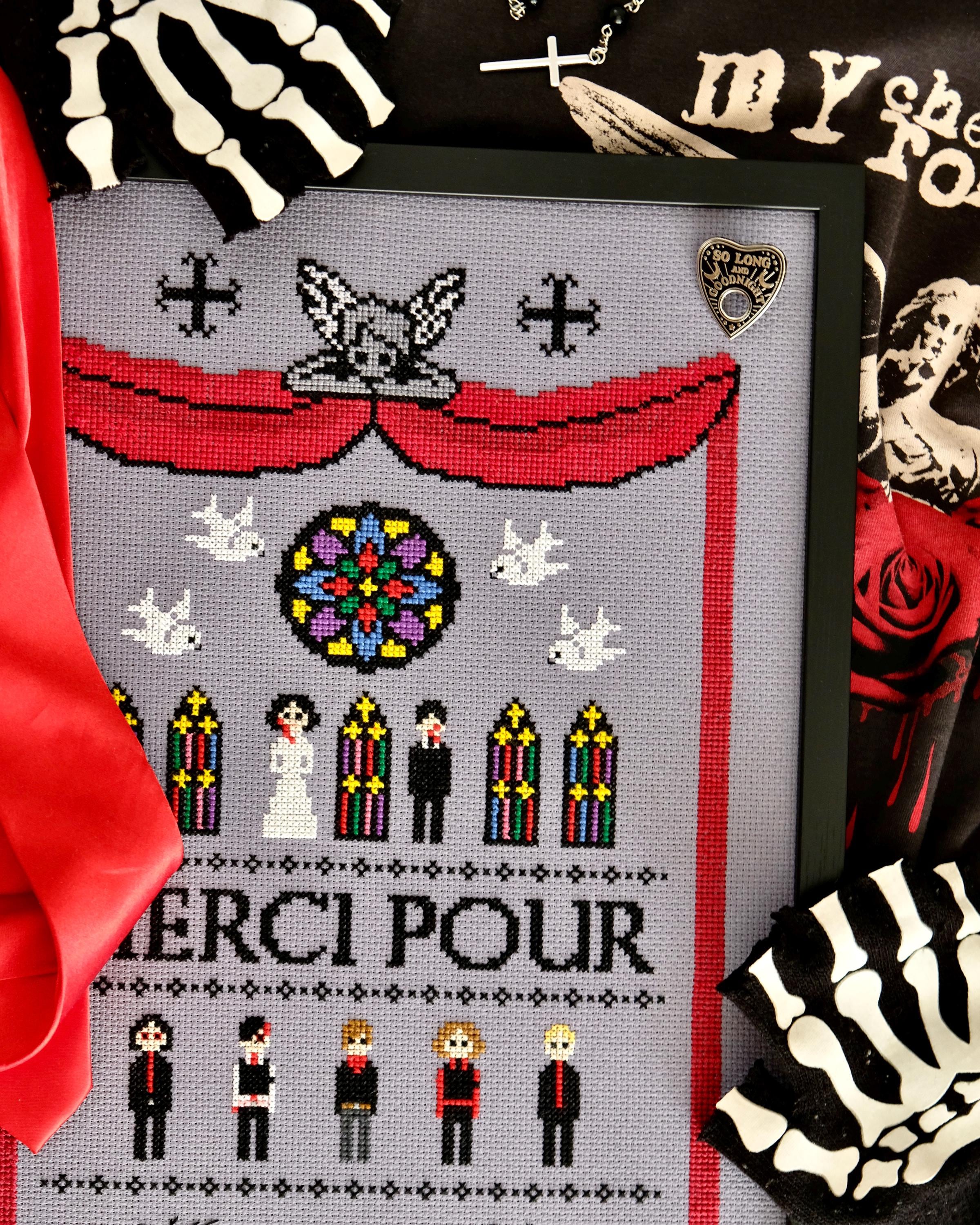Three Cheers Cross Stitch Sampler – MCR Fan Pattern for Emo Gifts & Alternative Wall Art – PDF Download for DIY Merch