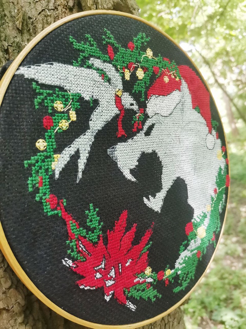 A picture of the finished embroidery of the Christmas Witcher from a different angle