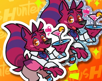 May include: A sticker featuring a cartoon fox wearing a white shirt, pink vest, and blue bow tie. The fox is holding a tray with a pink cocktail and a slice of orange. The sticker has a pink, purple, and blue color scheme.