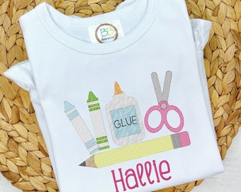 Girls Embroidered School Supplies Shirt: Custom Monogrammed Back to School Outfit
