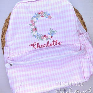 パーソナライズされた刺繍入りバックパック | 女の子用モノグラム入りブックサック | カスタム刺繍入り幼児用プレスクール | ベビーバックパック おむつバッグ | ピンクギンガム |