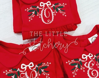 Christmas Holly Embroidered Dress: Girl's Monogrammed Holiday Outfit