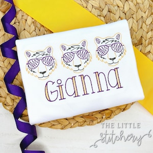 Tiger Trio Sunglasses Embroidered Shirt | Louisiana College Football Team Gear | Geaux | Monogrammed Tigers Tailgating Shirt |
