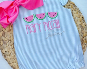 Broderie à bulles pastèque | Tenue d&#39;été personnalisée pour fille | à monogramme pour bébé | Barboteuse d&#39;été personnalisée |