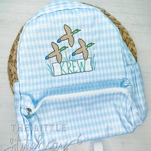 Mallard Duck Backback | Boys Monogrammed Booksack | Custom Embroidered Prek Bag | Baby Backpack Diaper Bag | Baby Blue Gingham |