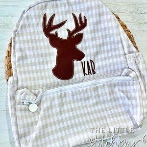 Buck Head Applique Backback | Boys Monogrammed Booksack | Custom Embroidered Prek Bag | Baby Backpack Diaper Bag | Khaki Gingham |