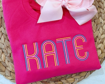 Retro Monogram Girl Sweatshirt | Everyday Toddler Outfit Idea | Bright Neon Personalized Pullover |