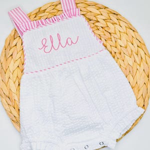 Pink Name Monogrammed Sunsuit | Girls Ruffle Summer Bubble | Custom Personalized Baby Girls Romper | Embroidered Script Name Sunsuit |