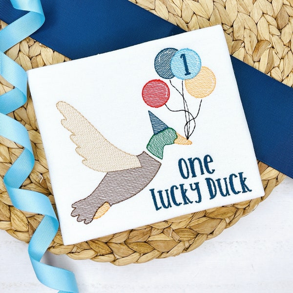 One Lucky Duck Birthday Shirt | Toddler Boy Embroidered Birthday Shirt | Custom Mallard Duck Balloons Birthday Outfit | Monogrammed Bday |