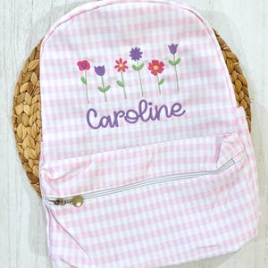 Costas bordadas com padrão de flores | Mochila para livros com monograma para meninas | Mochila infantil bordada personalizada para pré-escola | Mochila para fraldas para bebês | Xadrez rosa |