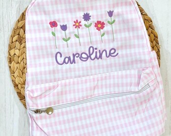 Rugzak met geborduurde bloemen: gepersonaliseerde roze gingham-boekentas voor peuters