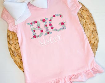Floral Big Sister Embroidered Shirt: Personalized Pregnancy Announcement
