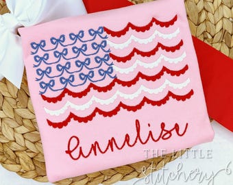 Personalized Girl's American Flag Bow Shirt: Embroidered Summer Bubble