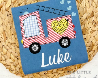 Fire Truck Valentine Shirt: Boys Embroidered Applique, Custom Name