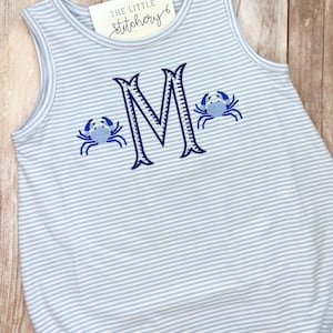 Crab Monogram Embroidered Bubble | Personalized Boy Summer Outfit | Monogrammed Beach Vacation Shirt | Stitched Custom Summer Romper |