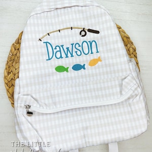 Fishing Embroidered Backback | Boys Monogrammed Booksack | Custom Embroidered Prek Bag | Baby Backpack Diaper Bag | Khaki Gingham |
