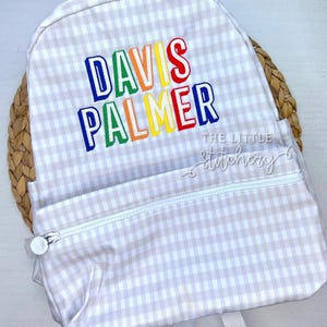 Rainbow Shadow Name Backback | Boys Monogrammed Booksack | Custom Embroidered Prek Bag | Baby Backpack Diaper Bag | Khaki Gingham |