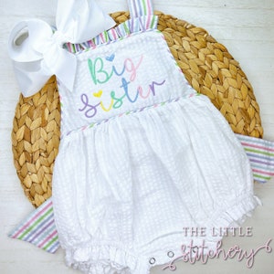 Big Sister Monogrammed Sunsuit | Girls Ruffle Summer Bubble | Custom Rainbow Baby Girls Romper | Baby Announcement |