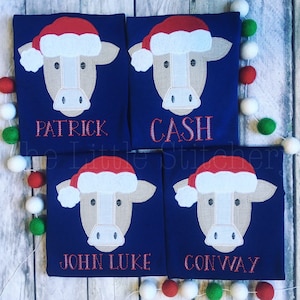 Cow with Santa Hat Appliqué Shirt | Boys Personalized Christmas Outfit | Monogrammed Christmas Farm Shirt | Toddler Boy Holiday Romper |