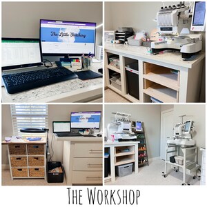 May include: A collage of images showcasing a craft workshop. The scenes include computers, embroidery machines, storage, and the text "The Little Stitchery" on a computer screen. The workshop is well-lit and organized, with various supplies and equipment.