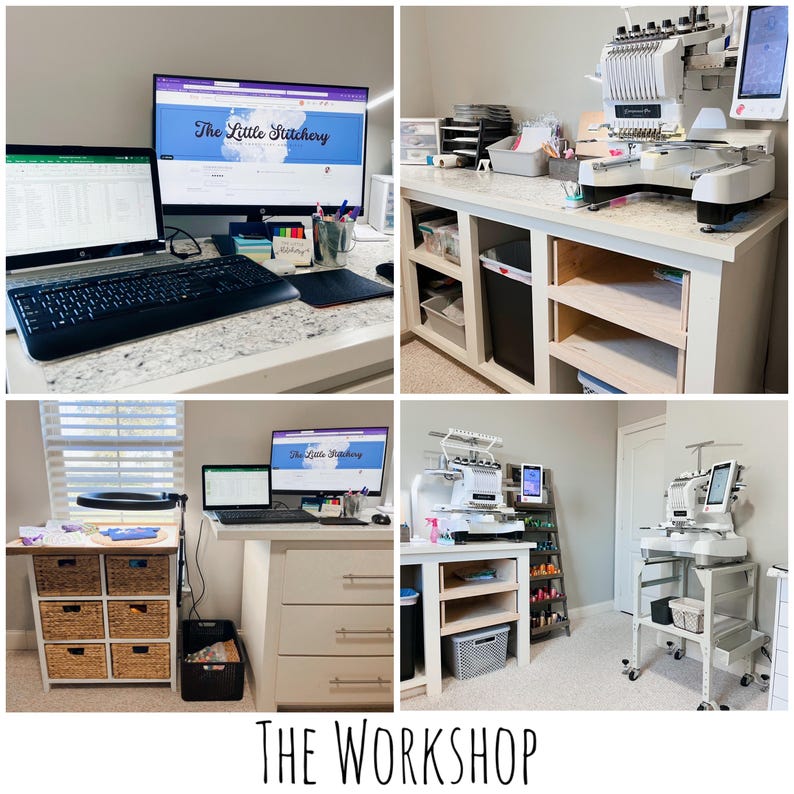 May include: A collage of images showcasing a craft workshop. The scenes include computers, embroidery machines, storage, and the text "The Little Stitchery" on a computer screen. The workshop is well-lit and organized, with various supplies and equipment.