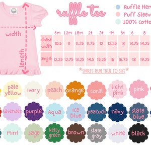 May include: A size chart for a ruffle tee shirt with measurements in inches. The chart shows chest width and length measurements for sizes 6 months to 12 years. The shirt is available in a variety of colors, including yellow, pale yellow, ivory, peach, orange, coral, light pink, pink, hot pink, red, lavender, purple, aqua, ice blue, peacock, navy, slate blue, royal blue, jade, mint, sage, kelly green, brown, slate gray, white, and black.