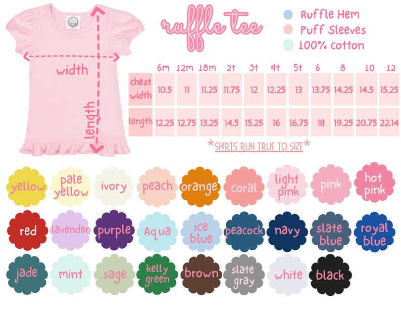 May include: A size chart for a ruffle tee shirt with measurements in inches. The chart shows chest width and length measurements for sizes 6 months to 12 years. The shirt is available in a variety of colors, including yellow, pale yellow, ivory, peach, orange, coral, light pink, pink, hot pink, red, lavender, purple, aqua, ice blue, peacock, navy, slate blue, royal blue, jade, mint, sage, kelly green, brown, slate gray, white, and black.