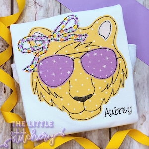 Tiger with Bow Applique Shirt | Louisiana Girl Tailgating Dress | Geaux Purple and Gold Fan Outfit | Baton Rouge College Sports Team |