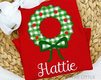 Girls Christmas Shirt: Custom Monogrammed Gingham Wreath Applique