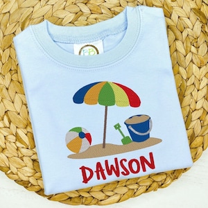 Beach Umbrella Monogram Shirt | Personalized Boy Summer Outfit | Monogrammed Beach Vacation Shirt | Stitched Custom Everyday Summer Romper |