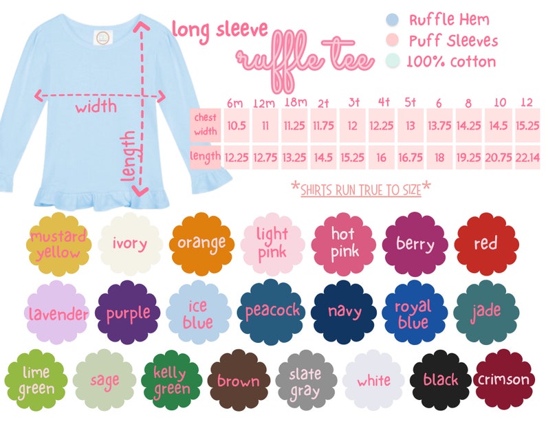 May include: A size chart for long-sleeve ruffle tee shirts made of 100% cotton. The chart shows chest and length measurements in inches for sizes 6 months to 12 years. The chart also includes a color palette of 18 different colors.