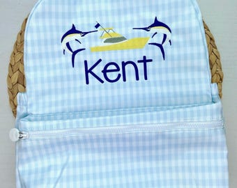 Embroidered Marlin Backpack: Custom Baby Blue Gingham Bookbag