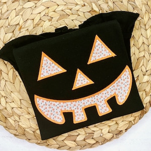 Jack O Lantern Face Applique Shirt | Custom Halloween Outfit | Girly Pumpkin | Trick or Treat Floral Applique Shirt | October Holiday Season