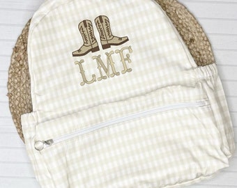 Personalized Embroidered Backpack: Khaki Gingham Monogrammed Bookbag