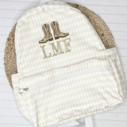 Sac à dos brodé personnalisé : cartable kaki à monogramme vichy