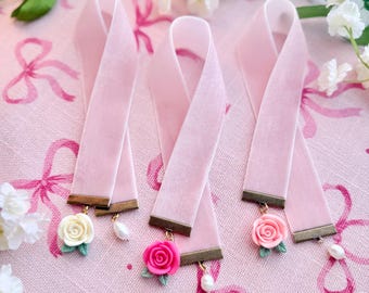 Rose Bookmark | Blush Velvet Ribbon Bookmark | Bookish Gift | BookBlossomsUS