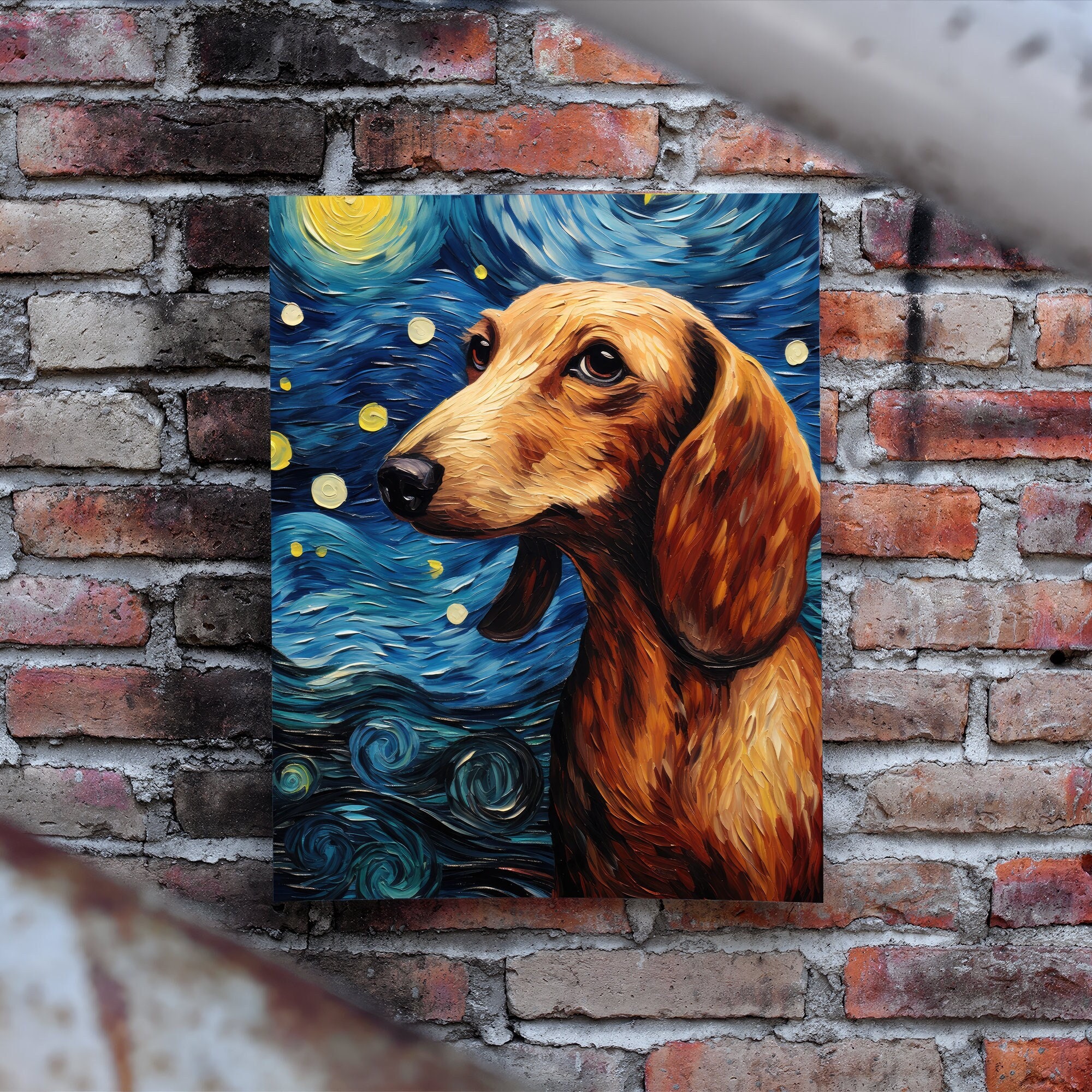 Dachshund Long-haired On Porch Starry Night Premium Canvas Wall Art