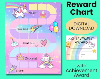 May include: A printable reward chart featuring a unicorn theme. The chart has a colourful rainbow design with stars, clouds, and hearts. It includes a game board with spaces for stickers or stamps. The chart also includes a printable achievement award certificate with a unicorn design.