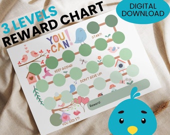 May include: A printable reward chart featuring a bird theme. The chart has three levels: "Start", "Keep Going!" and "You Did It!" The chart includes a blue bird with the words "You Can" in a speech bubble. The chart is designed for children and can be used to encourage good behaviour.