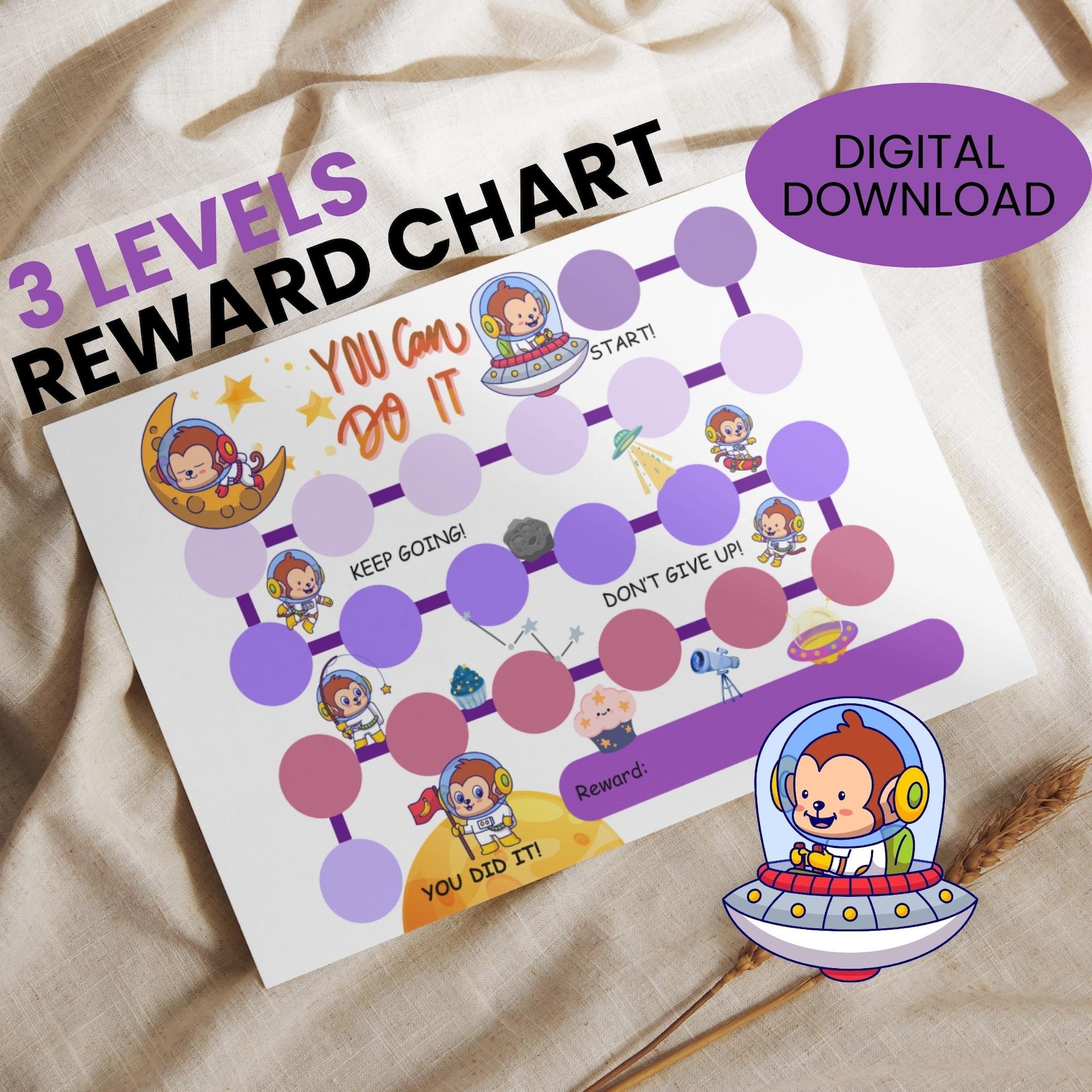 Monkey Astronaut Reward Chart for Kids With Printable Achievement Award and Idea List Prints ...