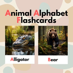 Flashcards de alfabeto de animais, cartões educativos imprimíveis para crianças montessori, cartões de flash de alfabeto de animais imprimíveis
