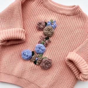 Hand Embroidered Flower Baby Number Sweater,  Baby Girl Birthday Outfit, First Birthday