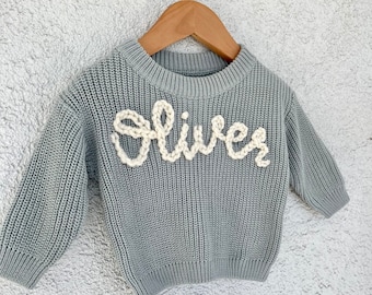 Personalized Baby Name Sweater, Milestone Name Sweater, Keepsake Sweater, Hand Embroidered Sweater, Baby Boy Sweater, Toddler Name Sweater