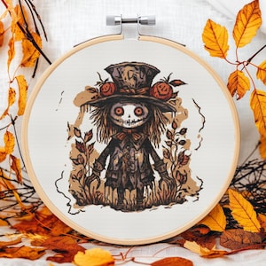 Creepy Scarecrow Cross Stitch Pattern  Halloween  Scarecrow with Pumpkin Hat PDF, Spooky Fall Decor, Low Confetti, Pattern Keeper Compatible