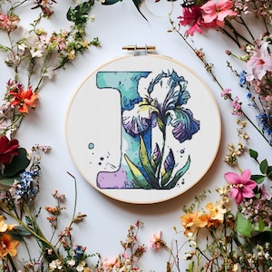 Patrón de punto de cruz con monograma de flor de iris: elegante diseño floral con la letra I para principiantes y avanzados: arte con poco confeti – Pattern Keeper